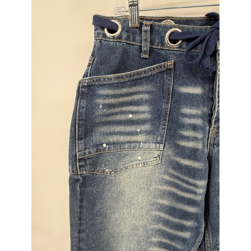 Flamingals Womens Paint Splatter Distressed Cropped Barrel Leg Jeans Blue - Picture 3 of 13
